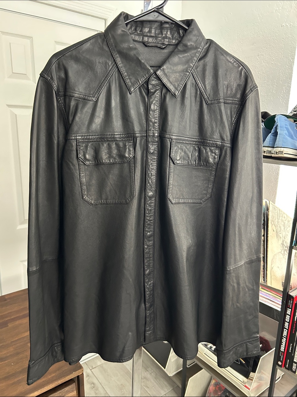AllSaints Black Leather Shirt Jacket - Classic Two-Pocket
